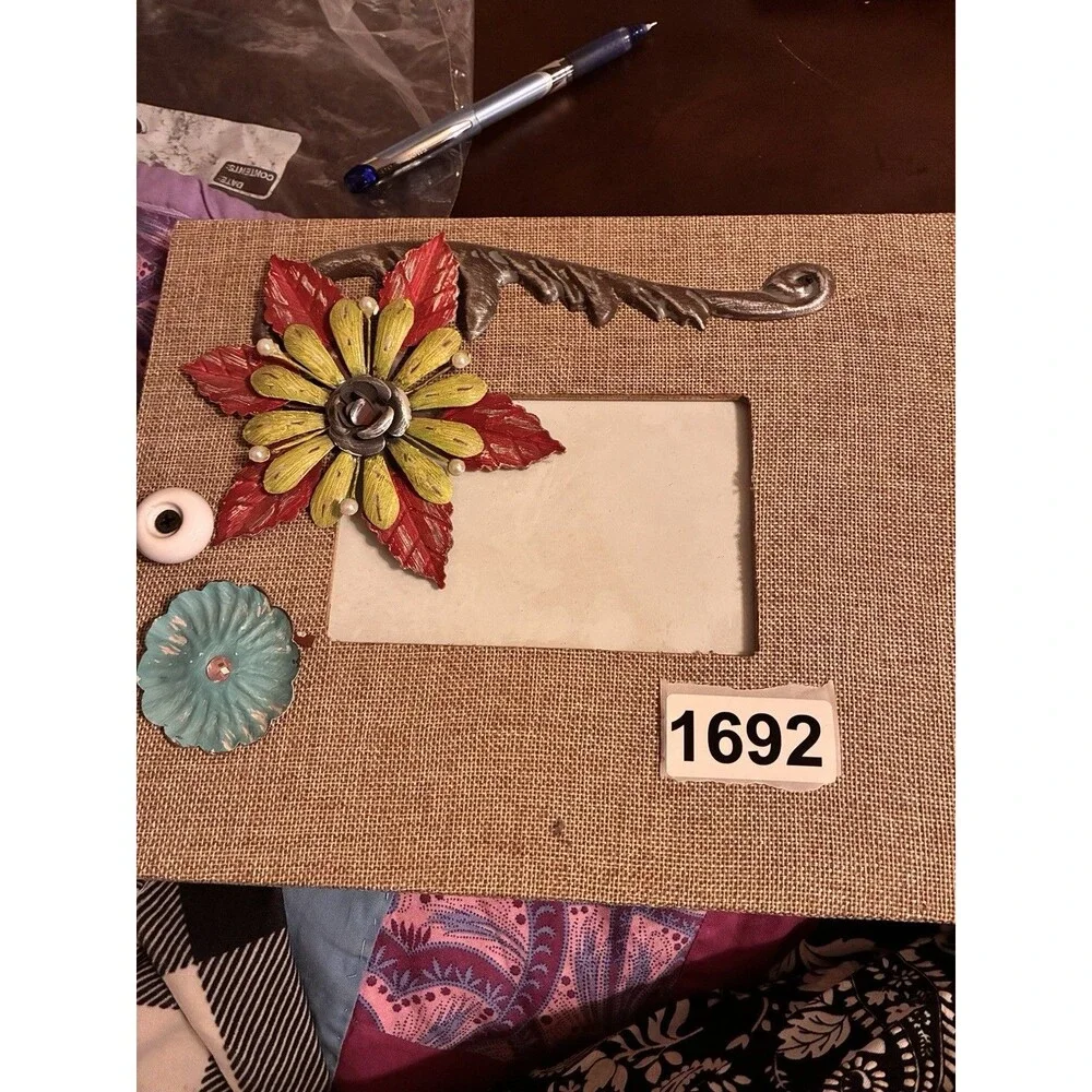 Picture Frame Wrapped In Burlap And Adorned W/ Metal Flowers & Knob. 4”x6” Pic.